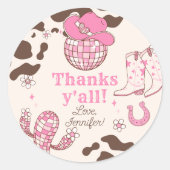 ウェスタンファーストRodeo女の子ピンク感謝していイオール誕生日 ラウンドシール (正面)