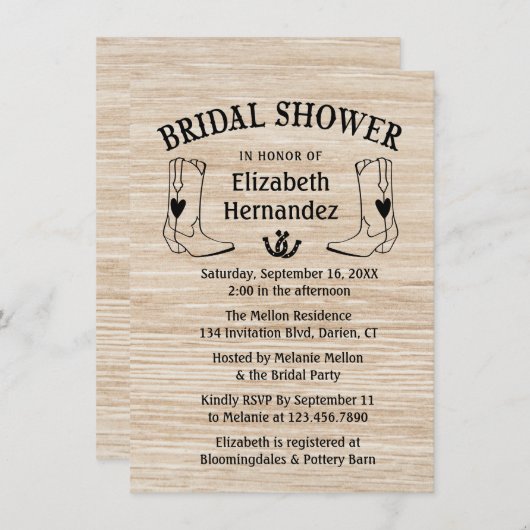 ウェスタンブライダルシャワーカウボーイブーツカントリーウッド 招待状 (正面/裏面)