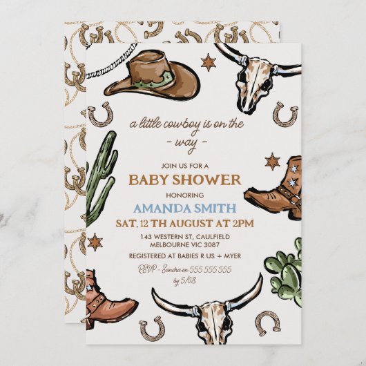 ウェスタンブラウンウエスタンカウボーイベビーシャワー 招待状 (正面/裏面)