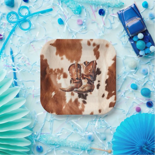 ウェスタンブラウンクリームカウボーイブーツ ペーパープレート (パーティー)