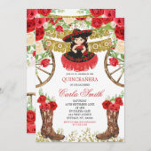 ウェスタンブラックドレスと赤いバラ 15歳の誕生日 招待状 (正面/裏面)