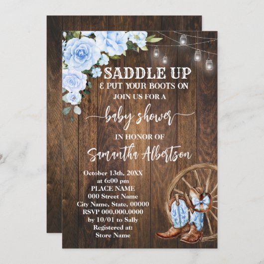 ウェスタンブルーベビーシャワーカントリーブーツ 招待状 (正面/裏面)