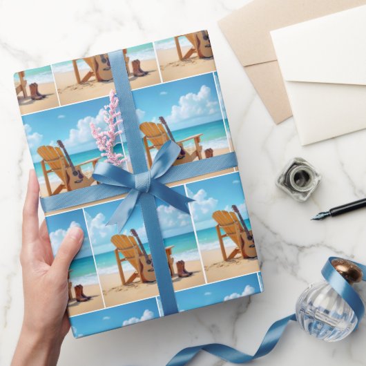 ウェスタンブーツとギターをオンビーチ ラッピングペーパー (ギフト)