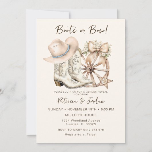 ウェスタンブーツまたはボージェンダーの表示 招待状 (正面)