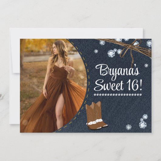 ウェスタンブーツデニム&ダイヤモンド誕生日写真 招待状 (正面)