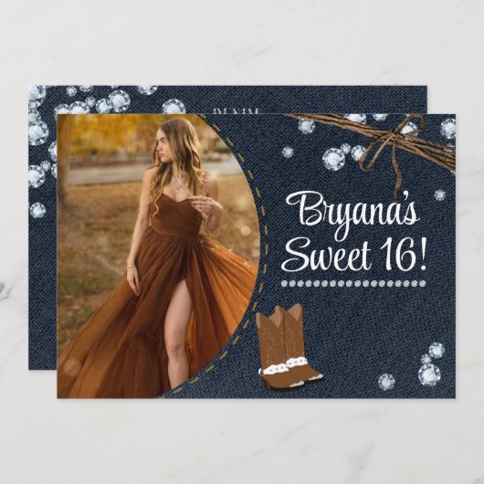 ウェスタンブーツデニム&ダイヤモンド誕生日写真 招待状 (正面/裏面)