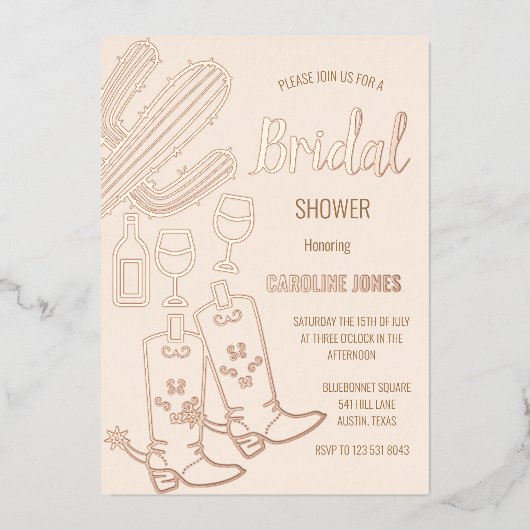 ウェスタンブーツバブリーボホゴールドフォイルブライダルシャワー 箔招待状 (正面)