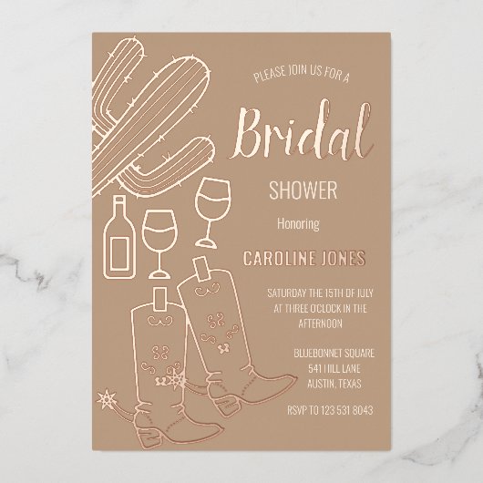 ウェスタンブーツバブリーボホゴールドフォイルブライダルシャワー 箔招待状 (正面)