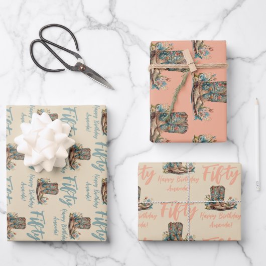 ウェスタンブーツフローラ50番誕生日 ラッピングペーパーシート (正面)