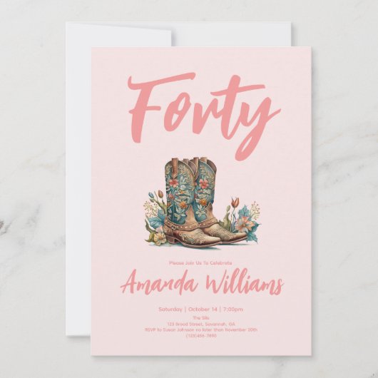 ウェスタンブーツ フラワー 40歳の誕生日 招待状 (正面)