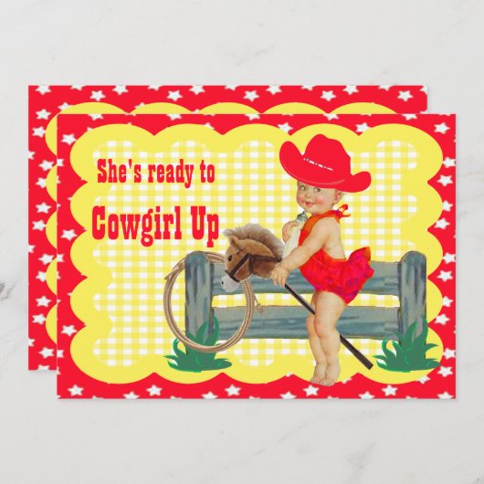 ウェスタンベビー女性のカーボーイオンスティックホースパーティー招待状 招待状 (正面/裏面)