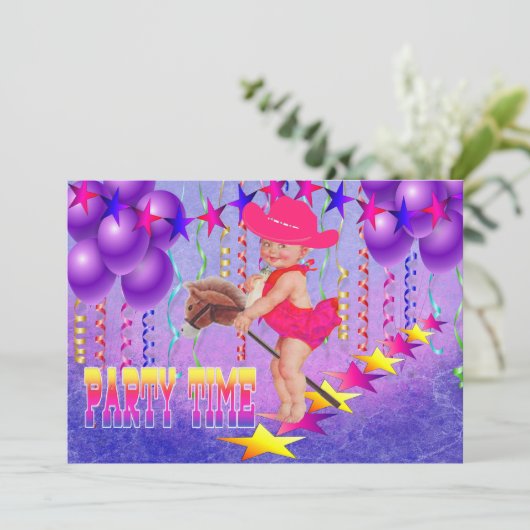 ウェスタンベビー女性のカーボーイオンスティックホースパーティー招待状 招待状 (スタンド正面)