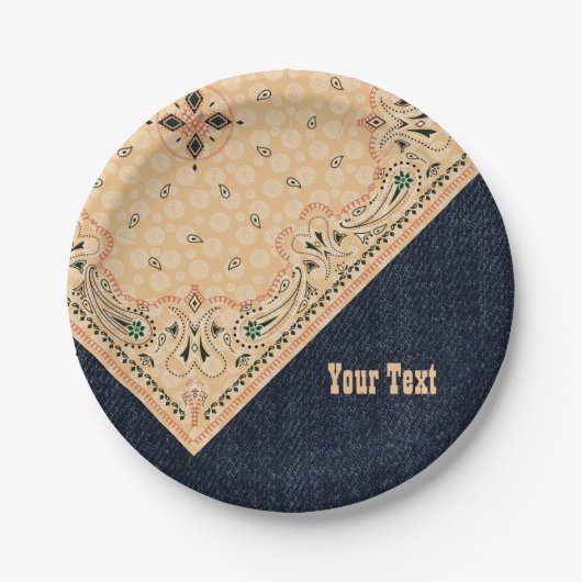 ウェスタンペイズリー金ゴールドバンダナプリントデニムパーティー7" ペーパープレート (正面)