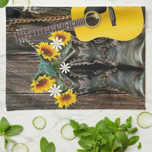 ウェスタンホースカウボーイブーツギターサンフラワーズ キッチンタオル (折り畳み)