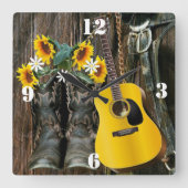 ウェスタンホースカウボーイブーツギターサンフラワーズ スクエア壁時計 (正面)