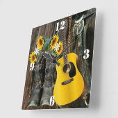 ウェスタンホースカウボーイブーツギターサンフラワーズ スクエア壁時計 (傾斜)