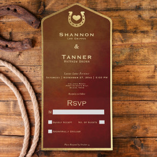 ウェスタンホースシューズハートブルゴーニュ&金ゴールドNo Dinner オールインワン招待状