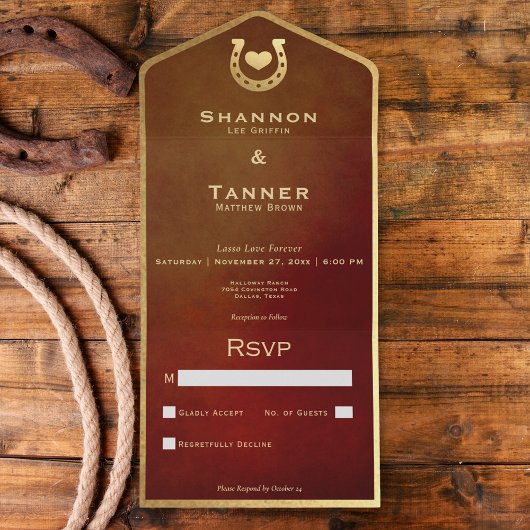 ウェスタンホースシューズハートブルゴーニュ&金ゴールドNo Dinner オールインワン招待状
