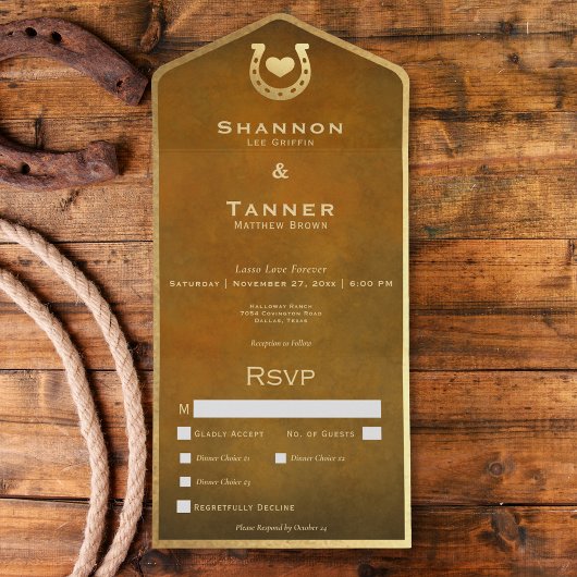 ウェスタンホースシューズ&ハートブラウン&金ゴールドディナー オールインワン招待状