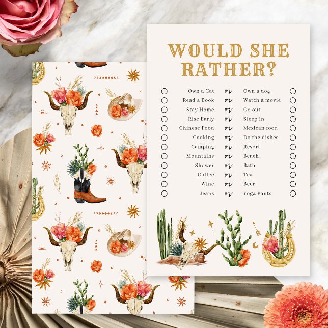 ウェスタンボホブライダルシャワーゲーム (Western Boho Bridal Shower Would She Rather? Game by Painted Paperie
)
