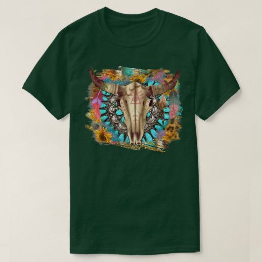 ウェスタンボホブルスカルウィズジェムストーンターコイズス Tシャツ (デザイン正面)