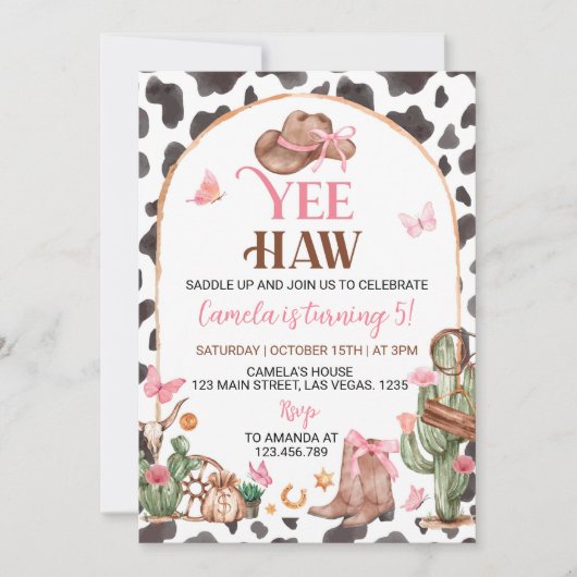 ウェスタンボーズピンク女性のカーボーイ誕生日招待状 招待状 (正面)