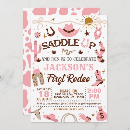 ウェスタンマイファーストロデオ誕生日ガール（ピンク） 招待状 (正面/裏面)
