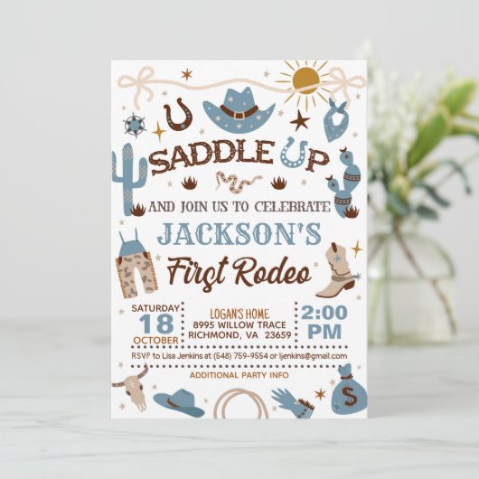 ウェスタンマイファーストロデオ誕生日ボーイ（青） 招待状 (スタンド正面)