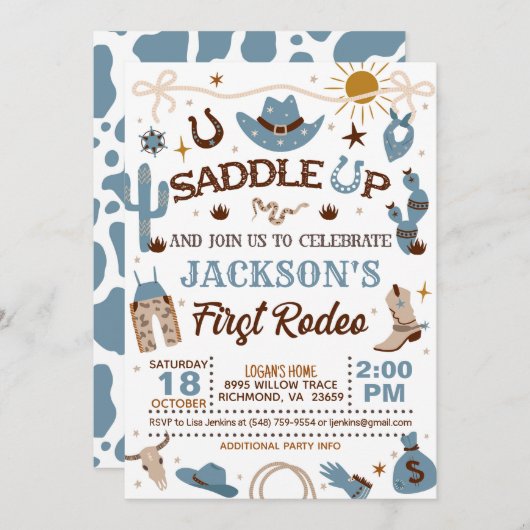 ウェスタンマイファーストロデオ誕生日ボーイ（青） 招待状 (正面/裏面)