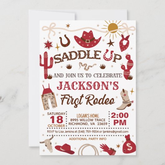 ウェスタンマイファーストロデオ誕生日（赤） 招待状 (正面)
