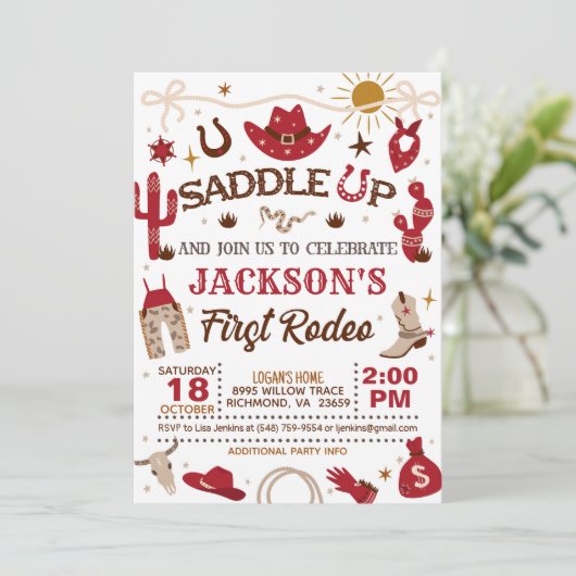 ウェスタンマイファーストロデオ誕生日（赤） 招待状 (スタンド正面)