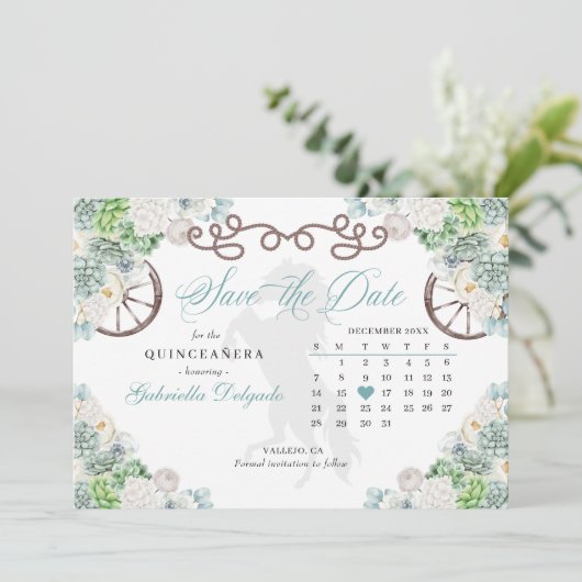 ウェスタンミントグリーンカクティキンセアニラ日付を保存 招待状 (スタンド正面)