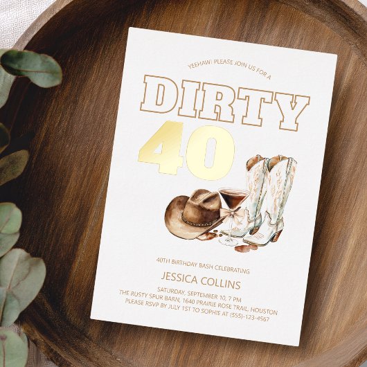 ウェスタンモダンカントリー女性のカーボーイ40歳の誕生日パーティー 箔招待状