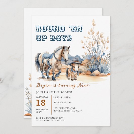ウェスタンラウンドエムアップボーイズカウボーイバースデーパーティー 招待状 (正面/裏面)