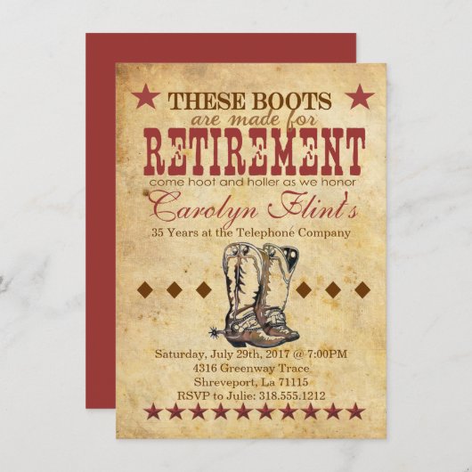 ウェスタンリタイアメント招待状 – カウボーイブーツテーマ 招待状 (正面/裏面)