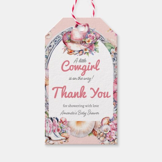 ウェスタンリトル女性のカーボーイピンクコースタルベビーシャワー ギフトタグ (正面)