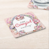 ウェスタンリトル女性のカーボーイピンクコースタルベビーシャワー スクエアペーパーコースター (アングル)