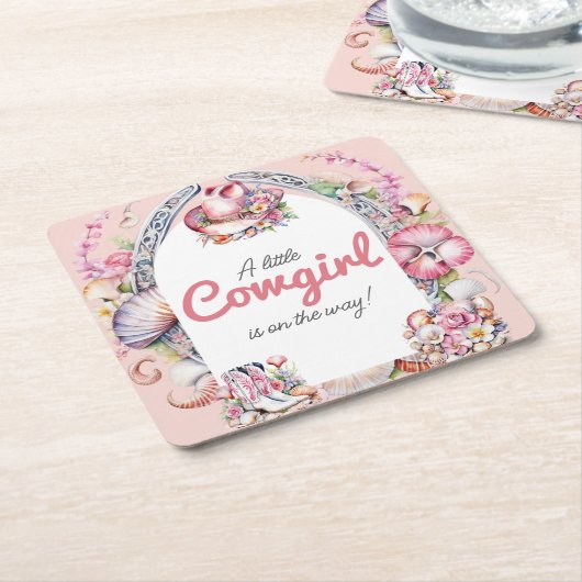 ウェスタンリトル女性のカーボーイピンクコースタルベビーシャワー スクエアペーパーコースター (アングル)