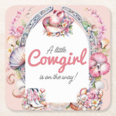 ウェスタンリトル女性のカーボーイピンクコースタルベビーシャワー スクエアペーパーコースター (正面)
