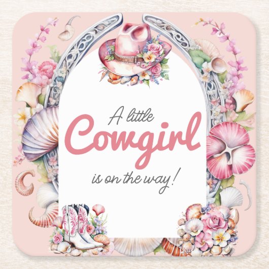 ウェスタンリトル女性のカーボーイピンクコースタルベビーシャワー スクエアペーパーコースター (正面)