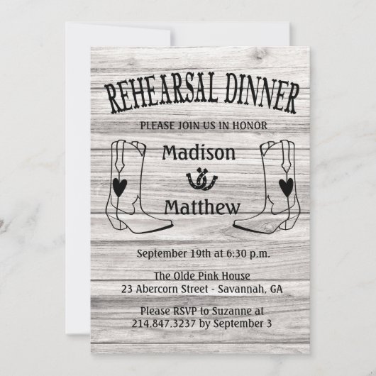 ウェスタンリハーサルディナーカウボーイ結婚ブーツ 招待状 (正面)