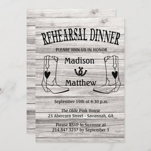 ウェスタンリハーサルディナーカウボーイ結婚ブーツ 招待状 (正面/裏面)