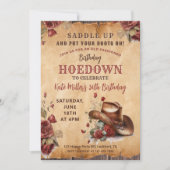 ウェスタンレッドフラワールカントリーガール誕生日ハオダウン 招待状 (正面)