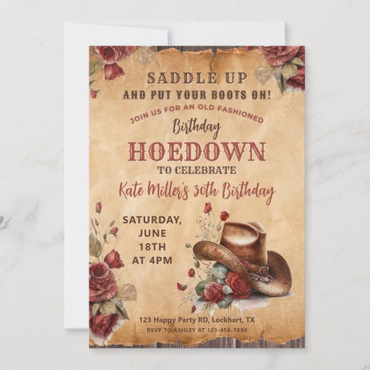 ウェスタンレッドフローラルカウガールバースデーホームダウン 招待状 (正面)