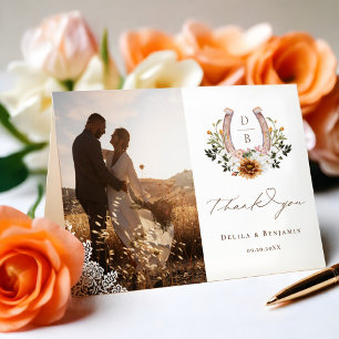 ウェスタンレースホースシューズハート結婚スクリプトの写真 サンキューカード