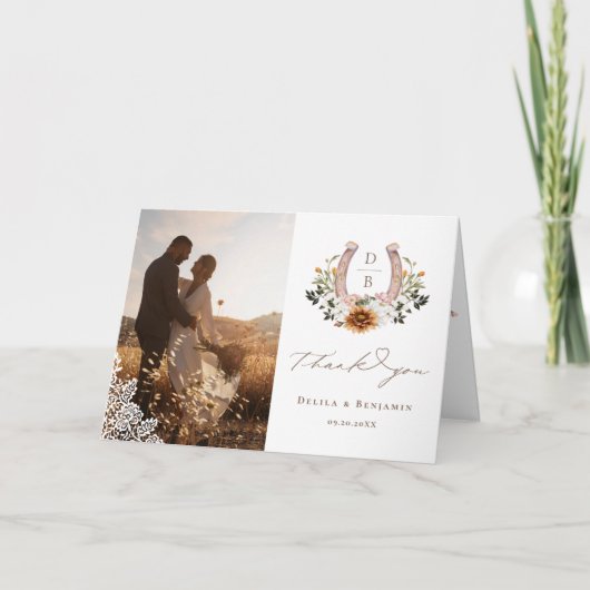 ウェスタンレースホースシューズハート結婚スクリプトの写真 サンキューカード (正面)