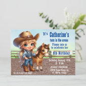 ウェスタンロデオリトル女性のカーボーイウィズホース誕生日 招待状 (スタンド正面)