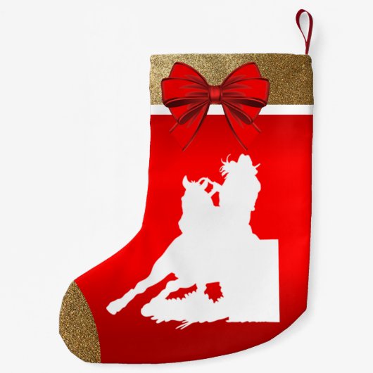 ウェスタンロデオ女性のカーボーイバレルレースオンレッド スモールクリスマスストッキング (裏面)