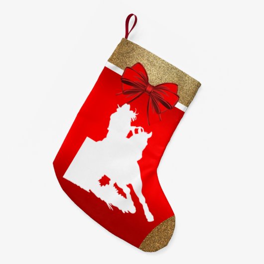 ウェスタンロデオ女性のカーボーイバレルレースオンレッド スモールクリスマスストッキング (正面 (吊り時))