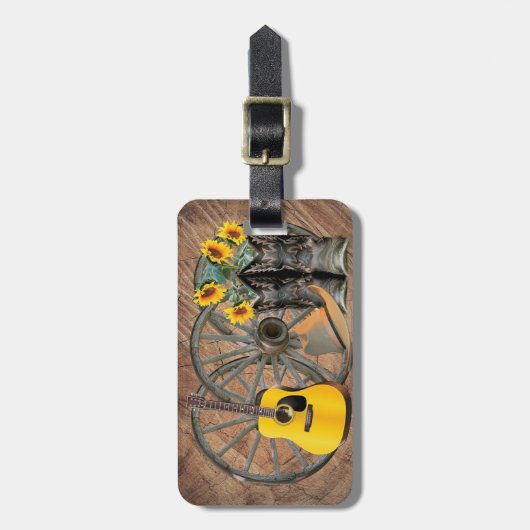 ウェスタンワゴンホイールギターカウボーイブーツひまわり ラゲッジタグ (正面縦)